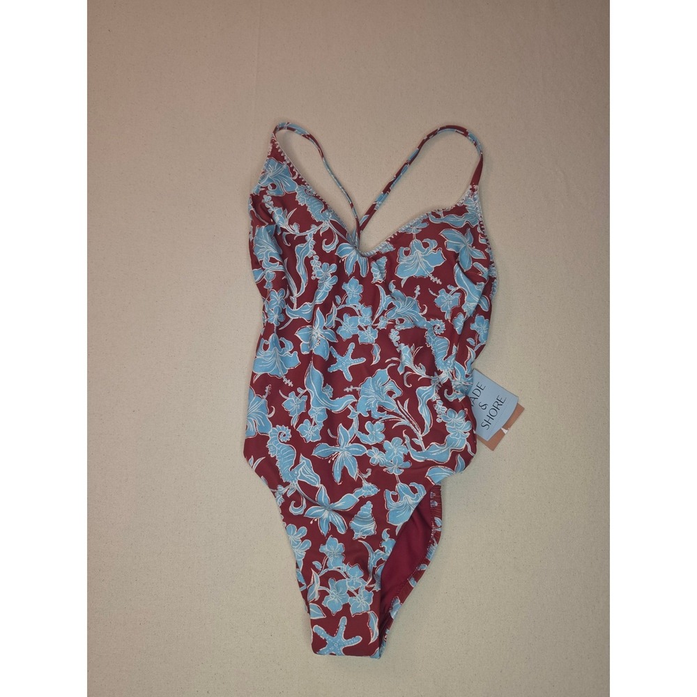 Shade & Shore Floral Print Plunge One Piece Swimsuit Red Large NWT